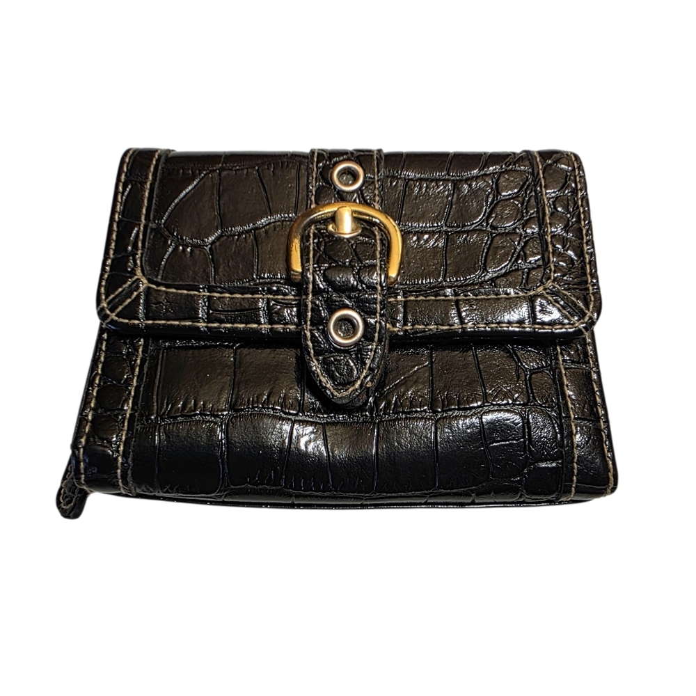 Black Faux Crocodile Embossed Tri-fold Wallet EUC